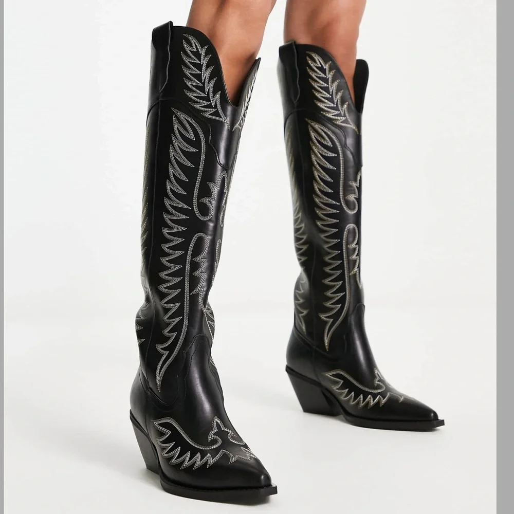 ASOS DESIGN / Chester contrast stitch western knee boot / black - Picture 1 of 17